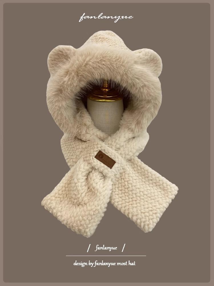 

2025 Милая плюшевая шапка с ушками ягненка и шарфом - Теплая, толстая и уютная для осени и зимы Head circumference 53-62