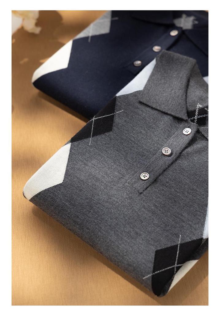 Women's Merino Wool Polo Collar Sweater - 2026 Spring/Autumn, Diamond Pattern Knit Pullover