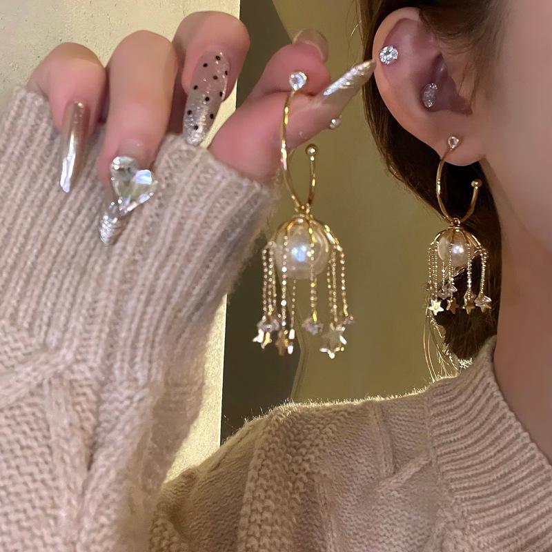 Silver Needle Zircon Pearl Tassel Earrings - Elegant Retro Design for Women