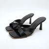 Fashion 2025 New Women's Sexy Leather Slippers with Red Bow Stiletto Heels Roman Elegant Clip-toe Square Head Satin Pull-On