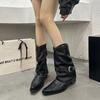 Fashion Trendy Western Cowboy Boots Pointed Toe Knight Style Women's New Vintage Small Crowd V-Notch Large Size Screwed Pants Boots