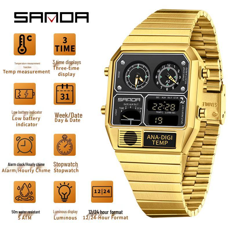 Sanda Men's Multi-Function Square Steel Band Watch with Temperature Measuring and Stopwatch Timer