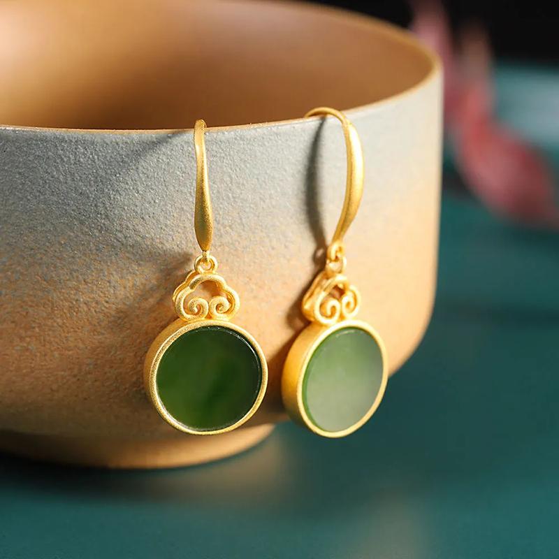 Creative Design  Inlaid Natural Hetian Jade Mirror Round Earrings Ancient Gold Craft Design Classic Chinese Style Jewelry
