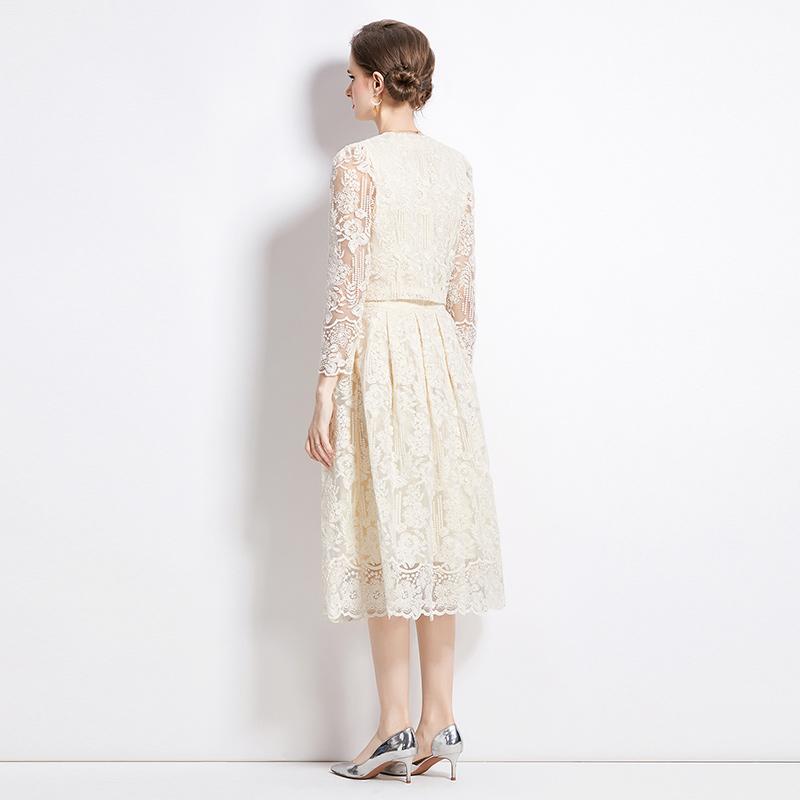 Female Floral Embroidery Two Piece Set Women Suit Elegant OL Long Sleeve Shirt Midi Skirts 2 Piece Outfit