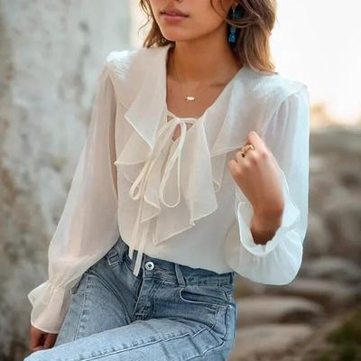 Autumn Sweet Ruffles Blouse Women Tops Office Lady Apricot Long Flare Sleeve Shirt Korean V-neck Loose Clothes Blusas  29893
