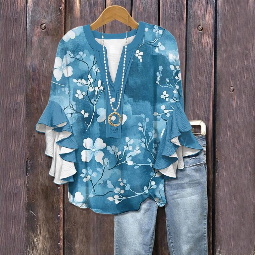 Summer Tops For Women Cute V Neck 3/4 Sleeve Blouses Floral Print Top Casual Shirts