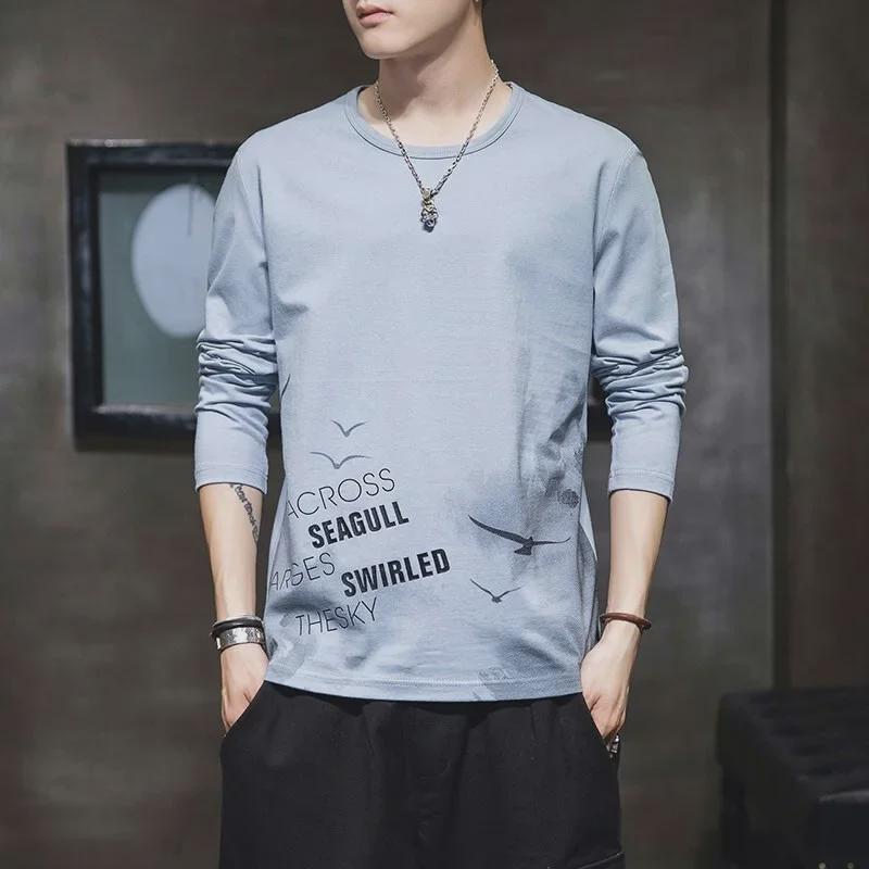 Odbavení: Pánské volné bavlněné tričko s dlouhým rukávem, kulatým výstřihem, ideální na jaro/podzim.