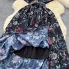 French Vintage Print Lapel Dress Women's Short Sleeve Floral Print High Waist Belt Office Lady Maxi Clothing Female
