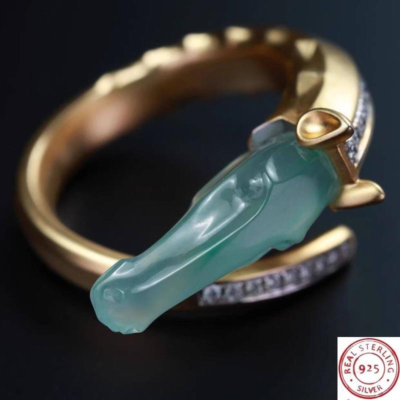 New Chinese Style Imitation Jade Dragon & Horse Ring, Zircon Inlaid Lucky Adjustable Open Band, Minimalist Luck Statement Ring