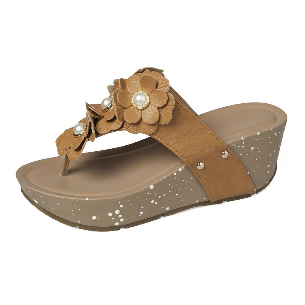 Foreign trade large size pinch foot flower flip-flops large size casual slope heel flat bottom women's sandals flip-flops