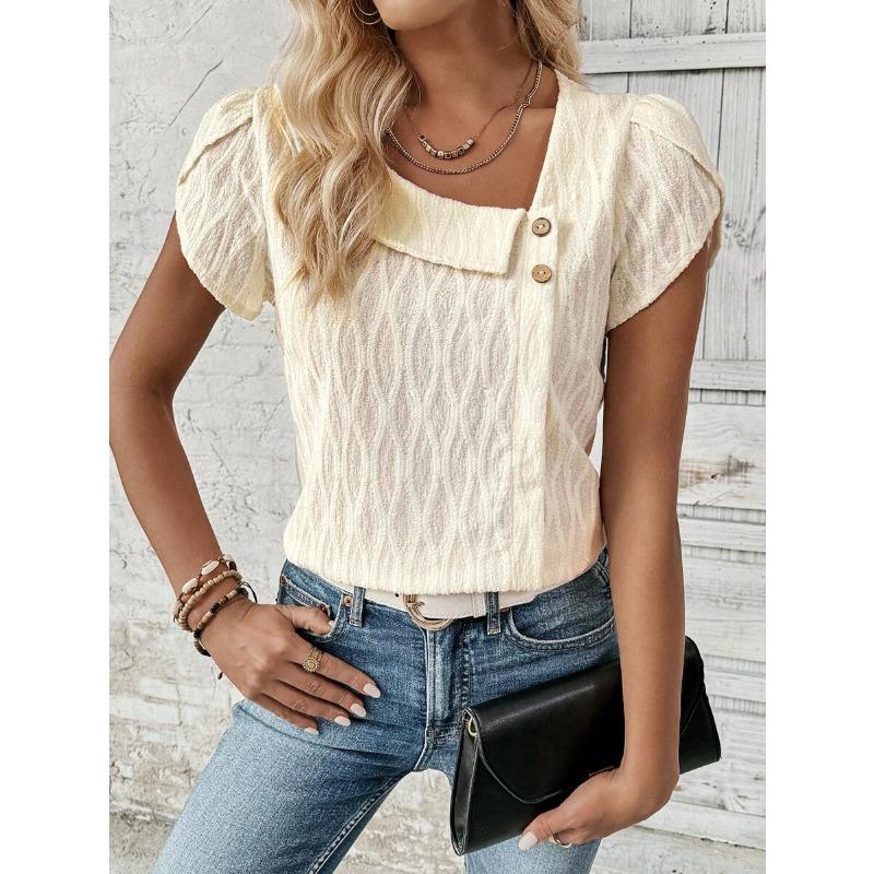 Women Elegant Solid Color Slanted Collar Short Sleeve Casual Blouse