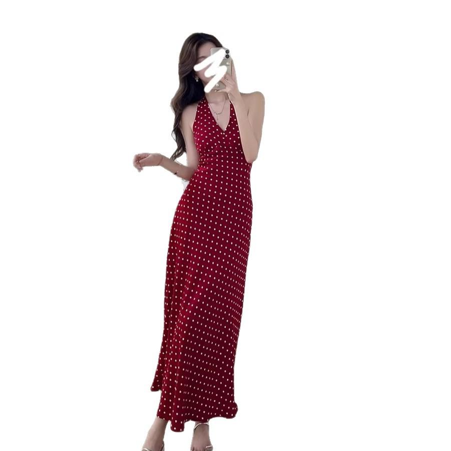 Dopamine Red Neck Dress for Women's Summer New Waist Pinching Super Body Unique Polka Dot Suspender Dress