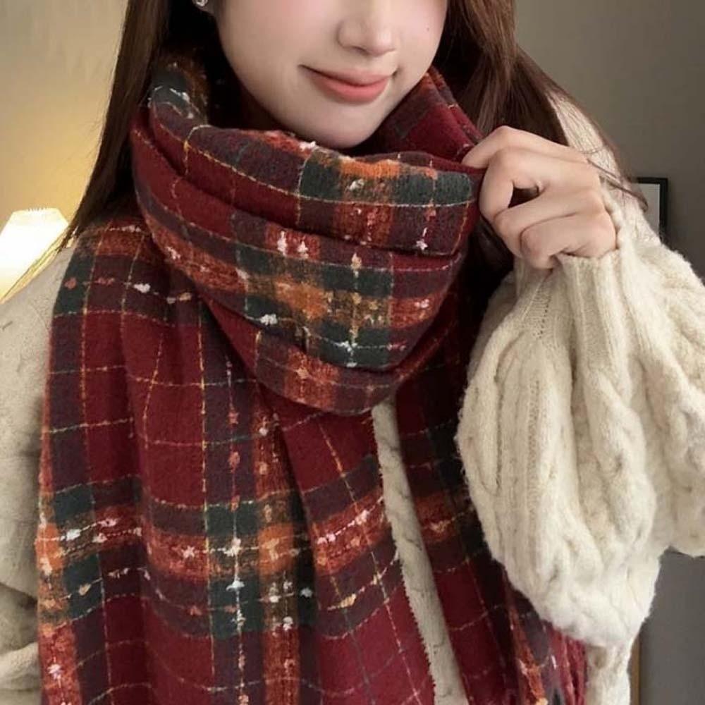 Classic Long Tassel Neckscarf Soft Women Thickened Scarf Soft Plaid Knitted Scarf  Spring