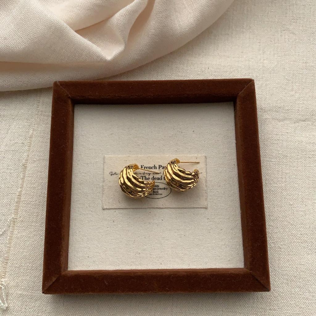 Three-dimensional pleated metal ring earrings, earrings, light luxury, fashion, high-end personality, unique French retro and simple earrings
