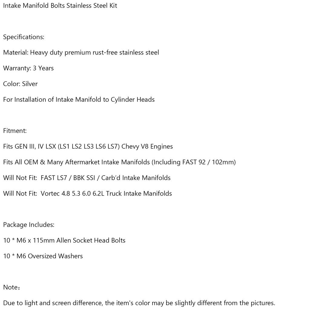 Intake Manifold Bolts Stainless Steel Fit LS1 LSX LS2 LS3 LS6 Camaro Corvette GM