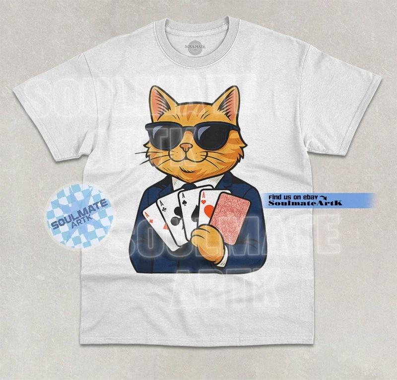 Cat Playing Poker T-Shirt Funny Cat Gambling Casino Dealer Graphic Unisex Shirt XL