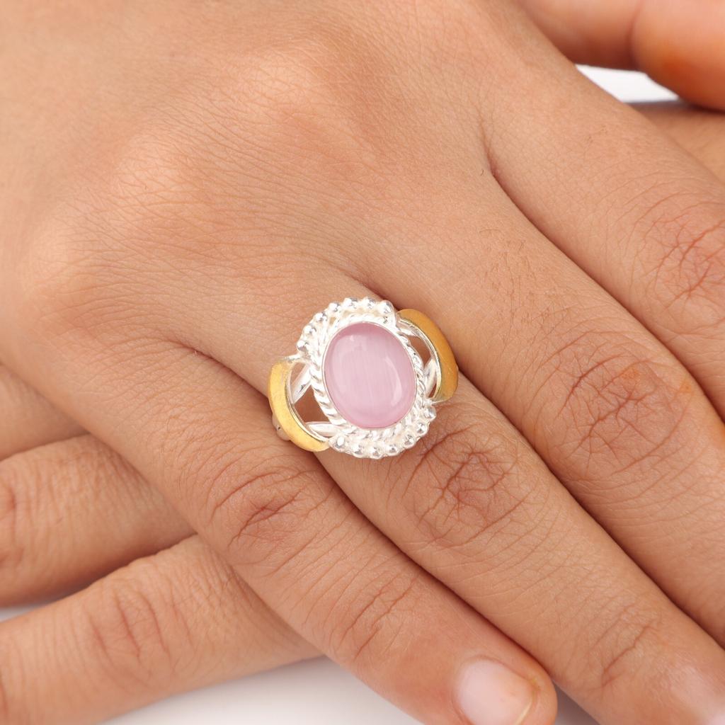 Natural Pink Cat's Eye Gemstone 925 Solid Silver Jewelry Women's Designer Ring RR-61-38
