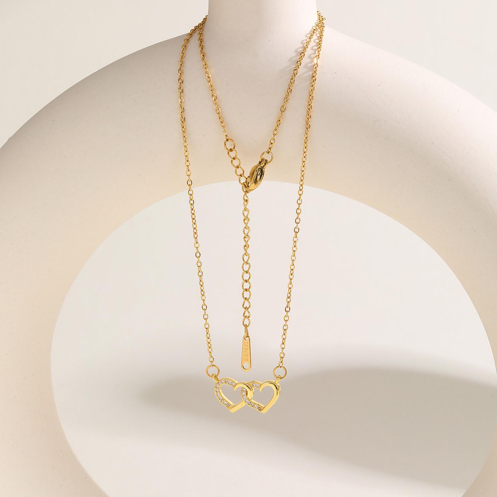 

Exquisite Zircon Double Heart Necklace for Women,Flat Rolo Chain Stainless Steel Necklaces,Fashion Waterproof Jewelry Gift