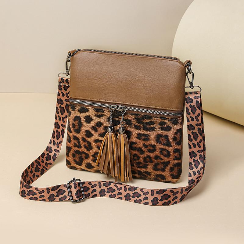 

Винтажные сумки кроссбоди с леопардовым принтом для женщин, маленькая квадратная сумка на плечо, женская дизайнерская сумка с кисточкой и карманом для телефона 24x3x25cm коричневый
