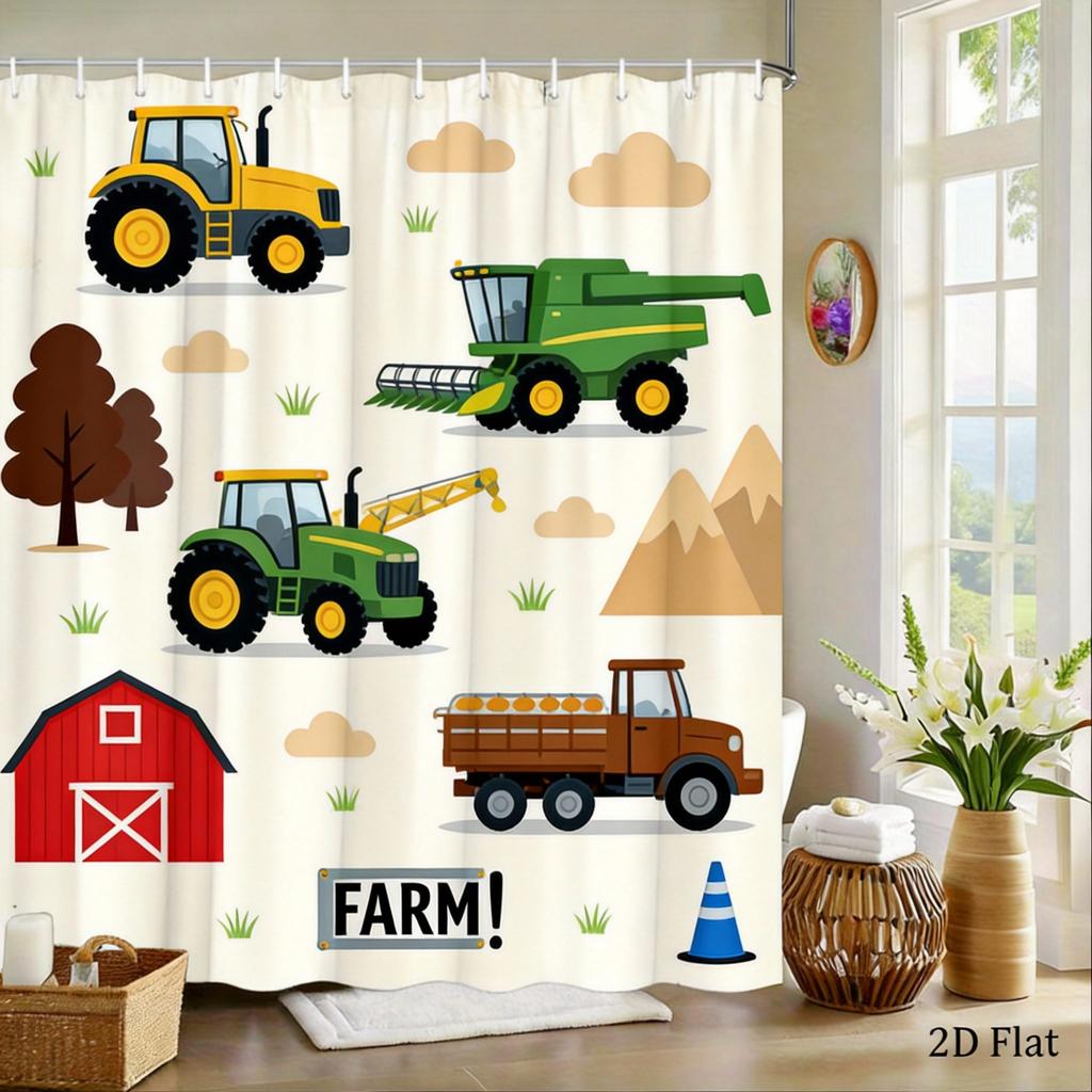 Construction Truck Shower Curtain Yellow Excavator, Dump Truck & Bulldozer On White, Kids' Bathroom Decor For Boys And Toddlers
