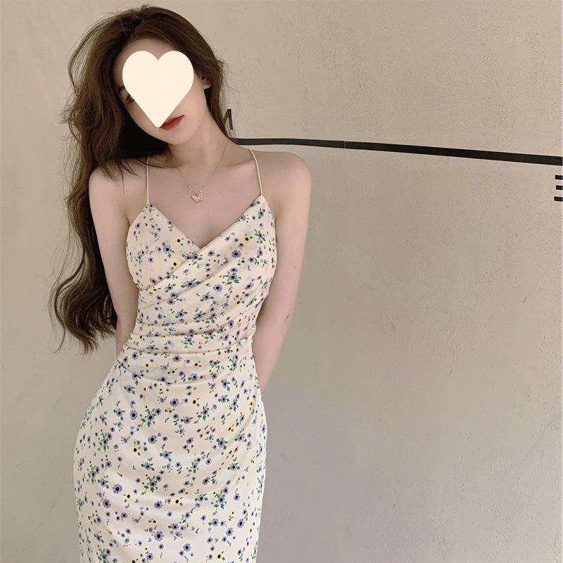 Gentle wind waist and thin dress women's summer new retro floral hip-wrapped suspender skirt