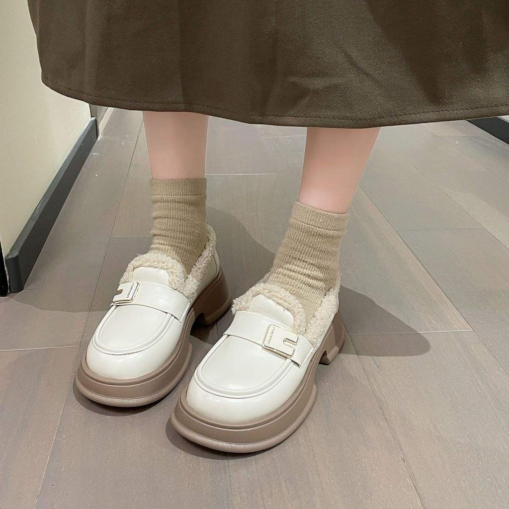 Fleece Platform Small Leather Shoes Women's 2025 New Autumn and Winter Cotton Warm Loafers Retro Versatile British Cotton Shoes