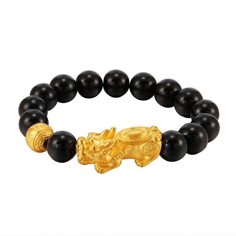 Luxury 24k Gold Pixiu Imitation Agate Bracelet for Men, Obsidian Bracelet, Sand Gold