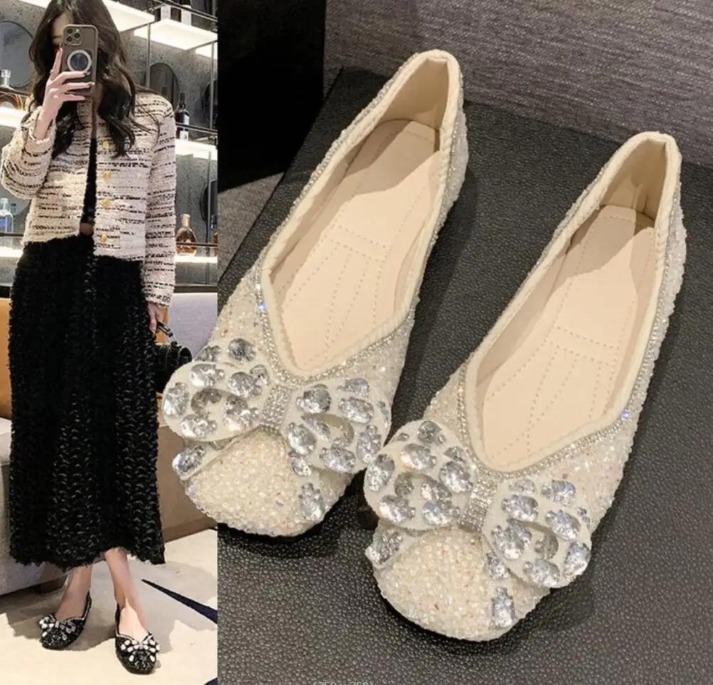 2024 Spring Woman Elegant Square Toe Sequins Kawaii Ballet Flats Designer Luxury Mary Jane Female Shoes Party Shoes