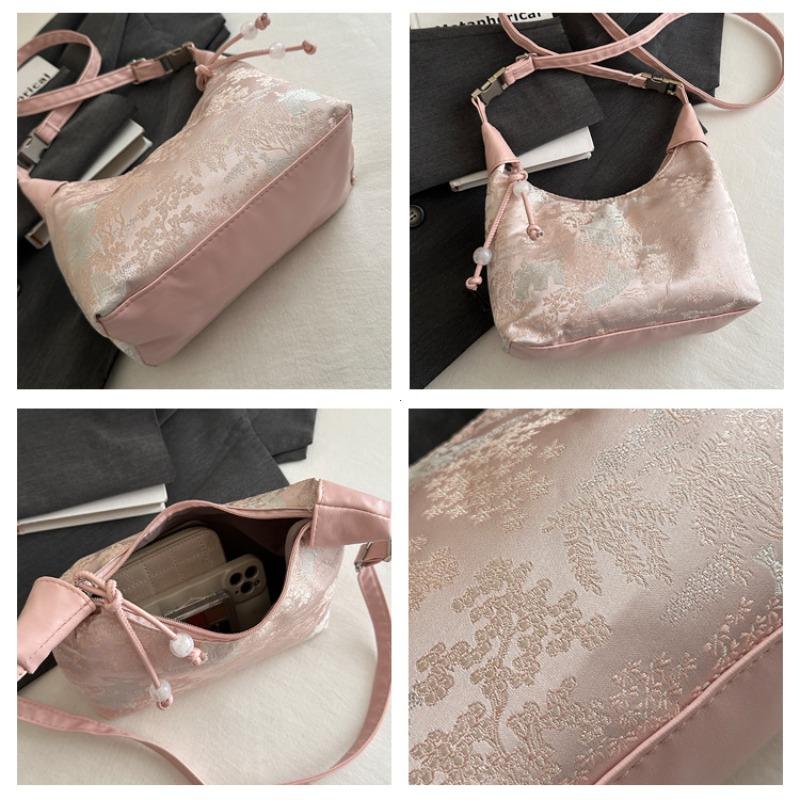 Tatlı Nakış Omuz Çantası Naylon Dokulu İnci Kolye Çapraz Askılı Çanta Küçük Kova El Çantası Kadın Kız