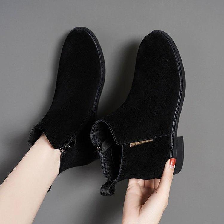 Herbst und Winter neue Samt mittelhohe Absatz Martin Stiefel dicker Absatz mattes Leder dünne Damen kurze Baumwollstiefel