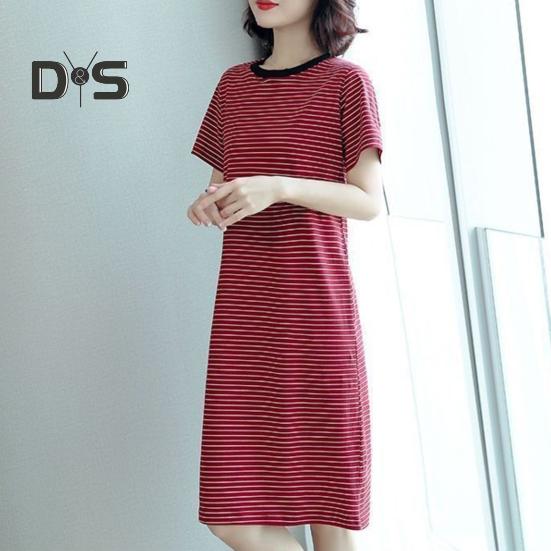 Women Casual Striped Middle Dress Short Sleeve Loose Round Neck Summer Lightweight Comfortable Office Beach Party Dress