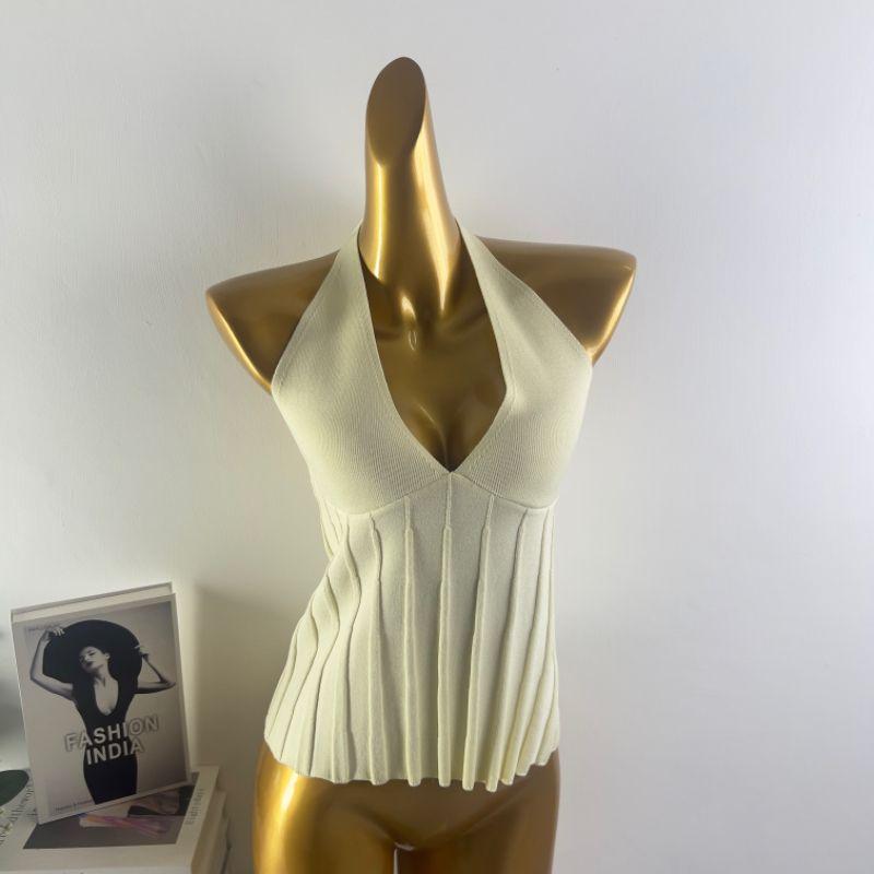

Single Shopping Mall Withdraw from Cupboard V-neck Lace up Halterneck Ice Silk Knitting Sling Female Summer Sexy Open Back Easiest for Match Tops Light yellow XS