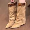 [Fanfna] Spice Girl Leopard Print Pointed Pants Boots Women's Autumn 2025 New Retro Two-Wear Removable Medium Boots