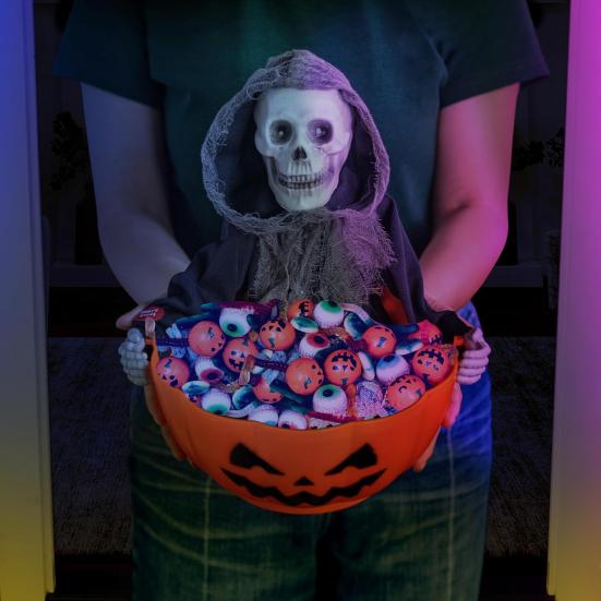 Halloween Skeleton Candy Bowl Animated Skull Candy Dish with Motion Activated Horror Halloween Candy Server with LED Eyes And Creepy Sound