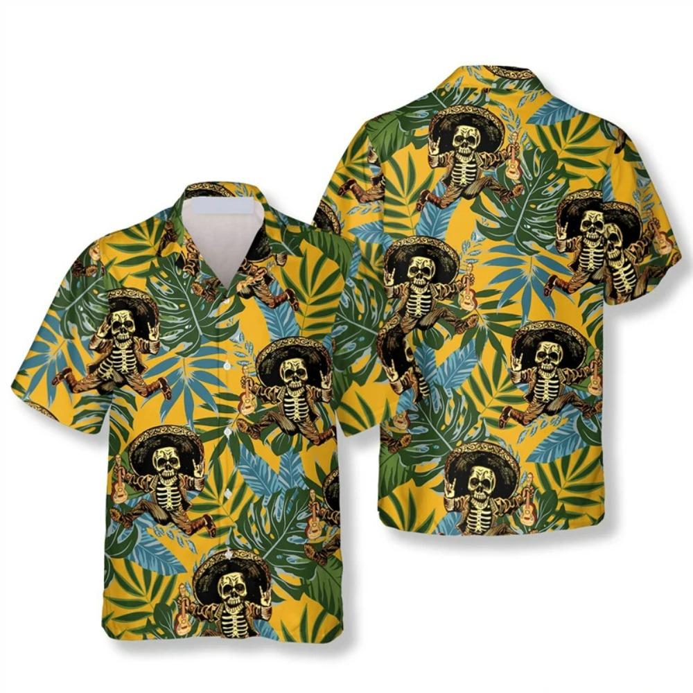 Camicia Estiva Vintage con Teschio per Uomo Camicie da Spiaggia Stampa 3D Fiori Piante Camicia Hawaiana Street Camicie a Maniche Corte da Donna Top