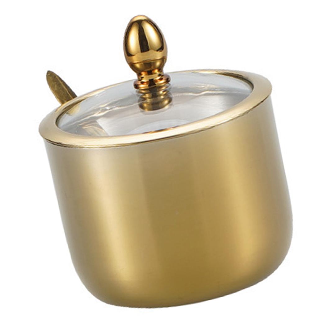 Stainless Steel Sugar Containers Gold/Silver 304 Stainless Steel Sugar Bowl Clear Lid Spoon Kitchen Condiment Pot