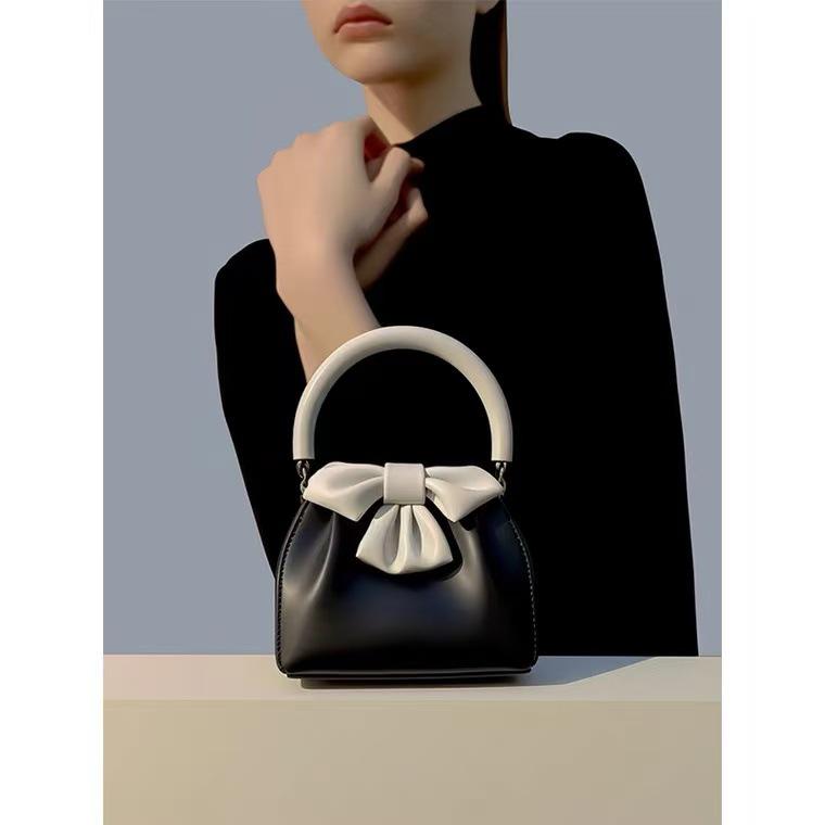 Women's Black Bow Pleated Color Block Handbag - 2025 French Chic