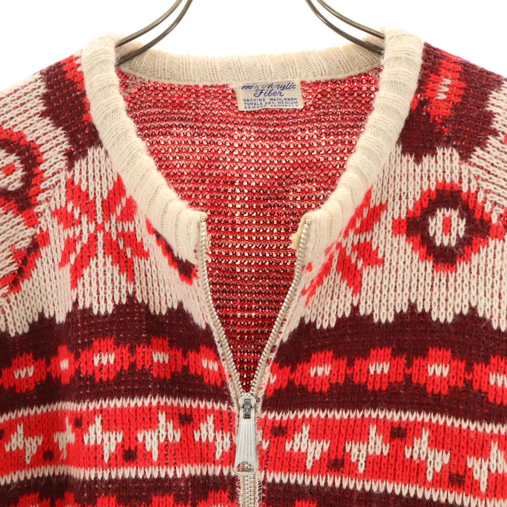 Vintage 70s Sepapoke Nordic Pattern Long Sleeve Zip Up Cardigan Red Women Used