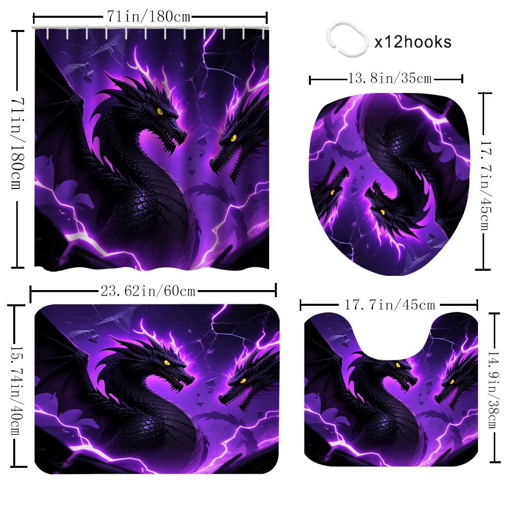 1/4 Duschvorhänge mit doppeltem Drachenkopf-Druck, Toilettensitzdekoration, Duschvorhang mit Teppich und Toilettendeckel, 70,8x70,8 Zoll