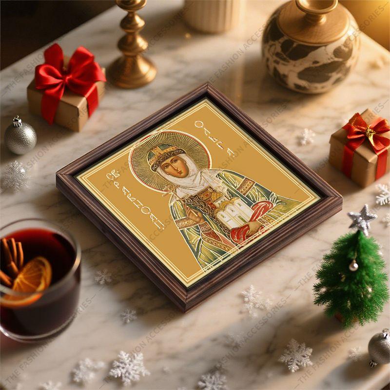 Decorative Painting of Orthodox icons,Consecrated Icon "Saint Olga",Photo Frame painting,Christian Wall Art,20cm*20cm,Spiritual Decor Gift