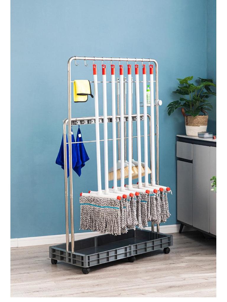Stainless Steel Floor-Standing Mop Rack with Draining Shelf and Free Shipping
