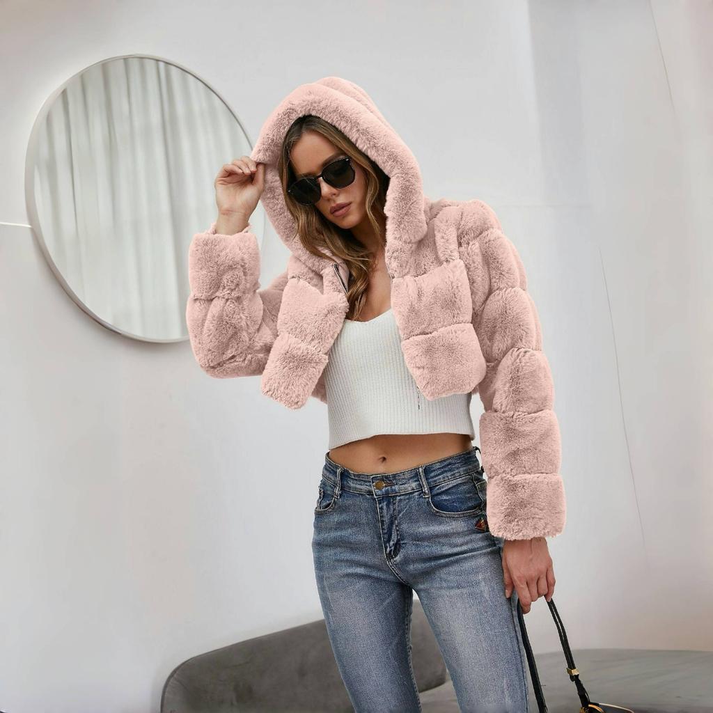 Y2k Streetwear Women Autumn Winter Faux Fur Coat Hooded Cropped Jacket Fur Coat Long Sleeve Cardigan Soft Tops Vintage Harajuku