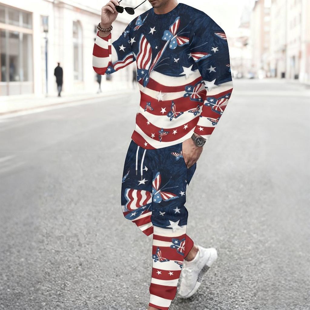 Men Sunflower Skull Flag Print Long Sleeve Sweatshirt And Drawstring Jogger Pants Casual Two Piece Streetwear Outfit