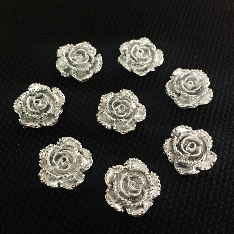 40 STÜCKE 14mm Silber Blume Rose Harz Strass Flatback Cabochon Stein DIY Handy/Schmuck Scrapbooking Zubehör HA353