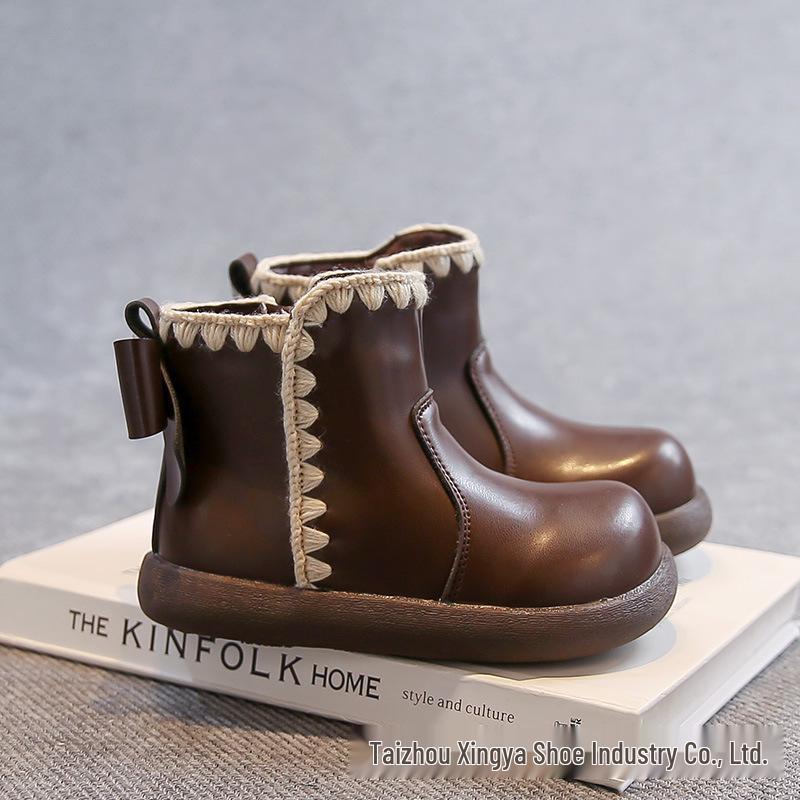 Girls  Princess Martin Boots - New 2025 Autumn/Winter Leather Plus Velvet Short Boots for Little Girls 26