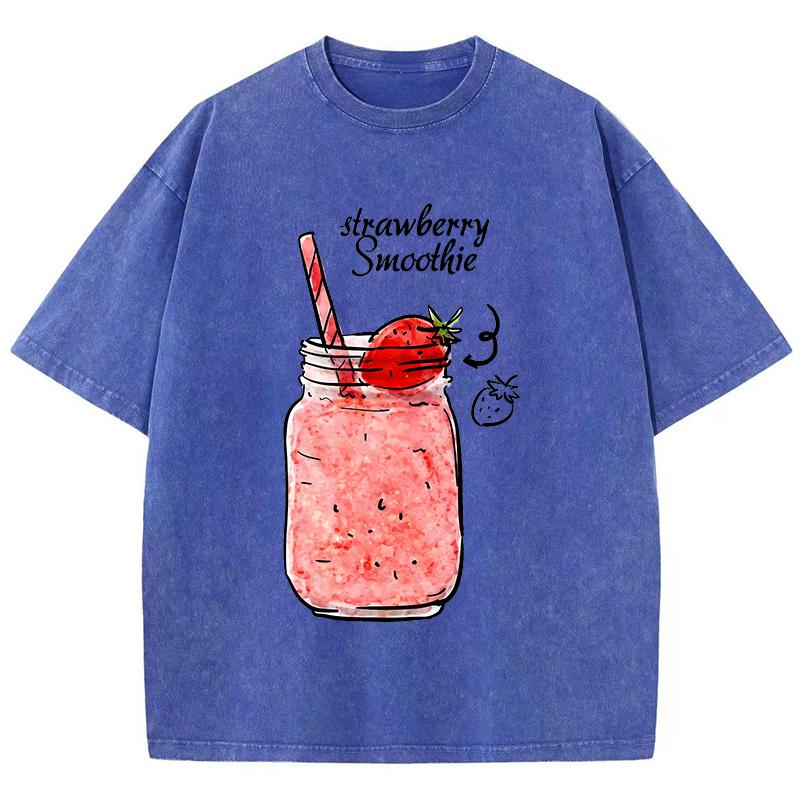 Strawberry Smoothie Print Washed TShirts Womens Cotton Tops Comfortable Distressed ONeck T Shirts Summer Casual Woman Clothes