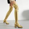 Sparkle Metallic Silver Golden Stretch Overknees Square Chunky High Heels Thigh High Long Over-the-knee Boots Shoes for Women