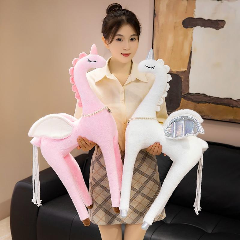 5070Cm Elegant Tsundere Princes Unicorn Plush Toy Stuffed Artificial Pearl Necklace Flying Wings Horse Plushie For Girl Gift