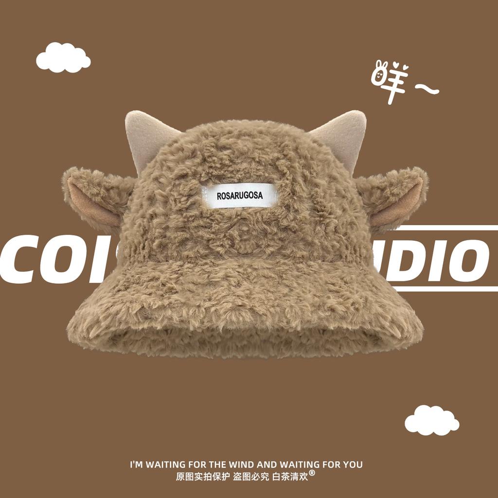 2025 New Cute Lamb Ears Plush Fisherman Hat Children's Season Warm Sweet Washbasin Hat Tide