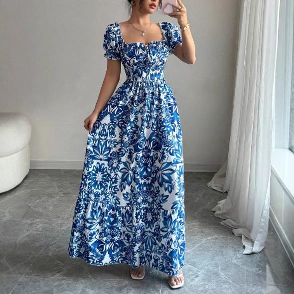 New printed puff-sleeved square collar lace-up waist elegant dress for women
